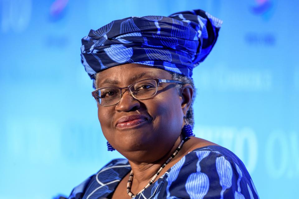 A picture taken on July 15, 2020, in Geneva shows Nigerian former Foreign and Finance Minister Ngozi Okonjo-Iweala smiling during a hearing before World Trade Organization 164 member states' representatives, as part of the application process to head the WTO as Director General. - South Korean trade minister Yoo Myung-hee on February 5, 2021 abandoned her bid to become head of the WTOm, Seoul said, clearing the way for Nigeria's Ngozi Okonjo-Iweala to become the global body's first woman and first African director-general. (Photo by Fabrice COFFRINI / AFP) (Photo by FABRICE COFFRINI/AFP via Getty Images)