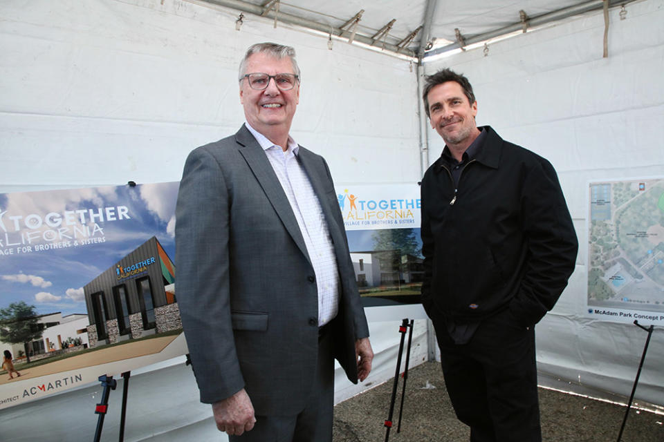 Tim McCormick and Christian Bale attend Together California's Foster Care Center Ground Breaking event on February 07, 2024 in Palmdale, California.