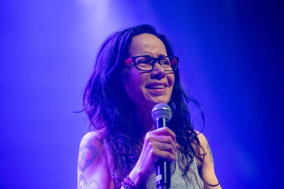 Janeane Garofalo performs on stage during the Edinburgh Fringe Festival in August 2018.