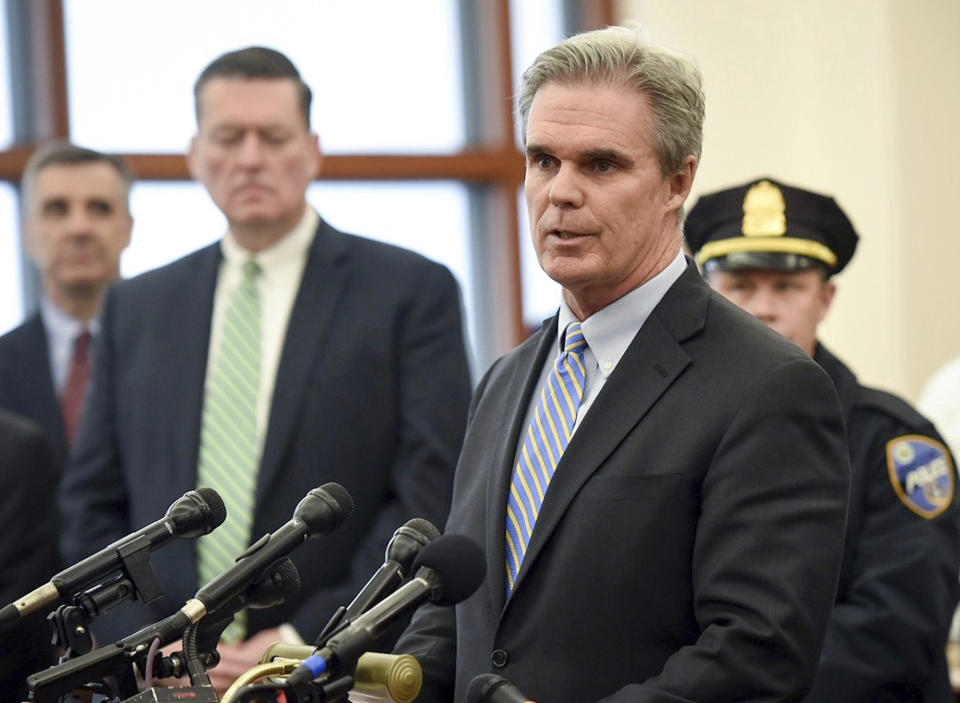 Worcester District Attorney Joseph D. Early Jr. announces an arrest in the death of Firefighter Christopher Roy during a news conference in Worcester Superior Court Friday March 15, 2019. (Ashley Green/Worcester Telegram & Gazette via AP)
