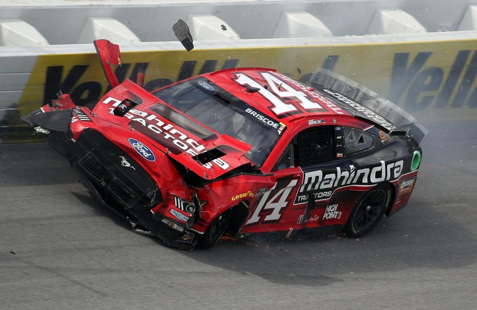 Chase Briscoe's No.14 Mahindra Tractors/SHR Racing Ford shows the aftermath of heavy contact last Sunday at Talladega Superspeedway.