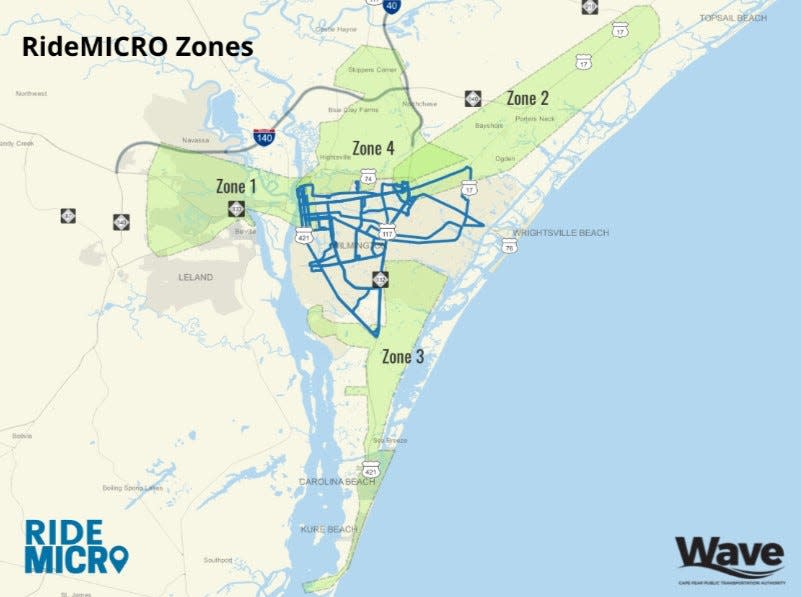 A map showing Wave Transit's four on-demand transit zones.