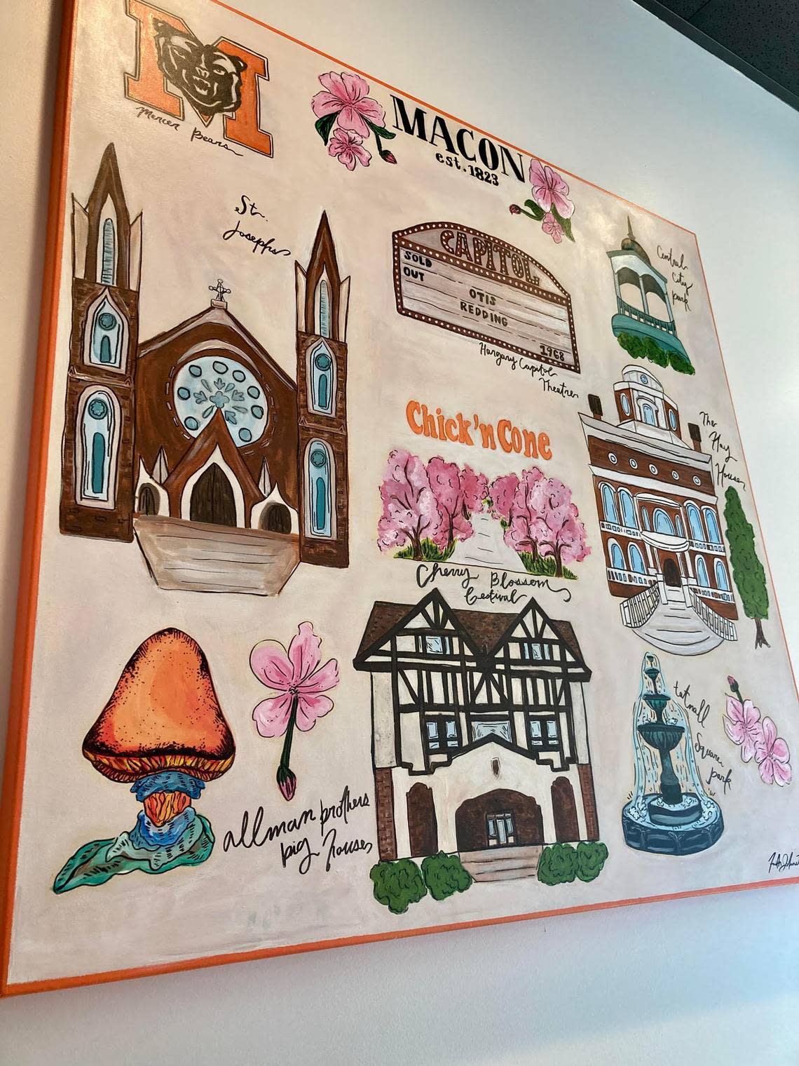 This tribute to Macon hangs in the new Chick’nCone at 860 Forsyth St., Suite 102, near Artium Health Navicent, and is a gift for franchise owners Wes and Fabi Kostovetsky from his sister Kathryn Kostovetsky, who commissioned local artist Faith Johnston to create it.