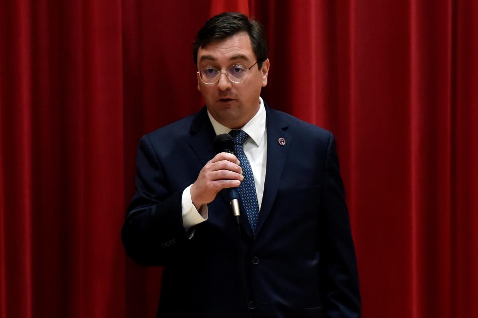 Tennessee Attorney General Jonathan Skrmetti speaks about the impact of social media has on children and families during a town hall meeting on Thursday, March 2, 2023, in Clarksville, Tenn. 