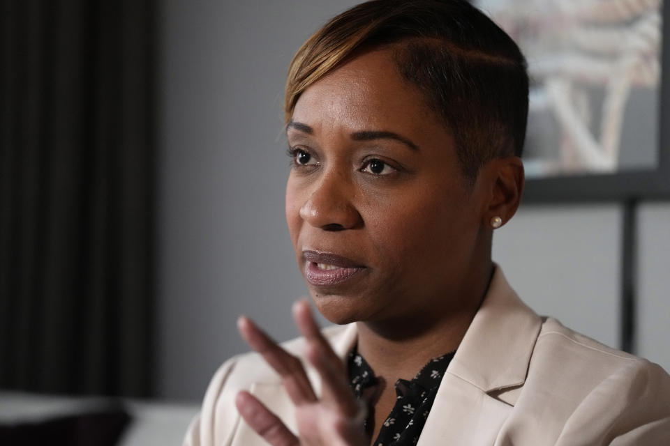 FILE- Massachusetts Attorney General Andrea Campbell answers a question during an interview at the State Attorneys General Association meetings, Tuesday, Nov. 14, 2023, in Boston. Campbell announced a $3.5 million settlement Friday, Jan 12, 2024, with the online food delivery service platform Grubhub. The settlement resolves a 2021 lawsuit brought by Campbell alleging the firm illegally overcharged fees to Massachusetts restaurants in violation of the fee cap put in place during the COVID-19 public health emergency. (AP Photo/Charles Krupa, File)