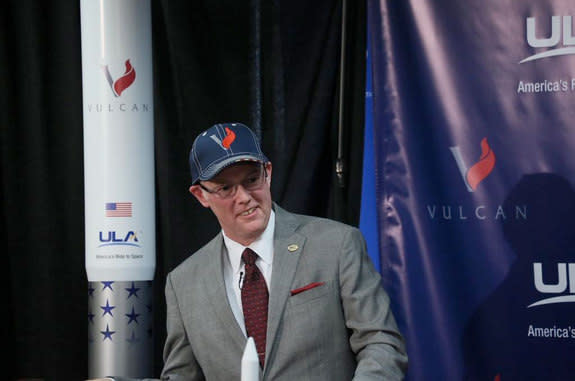 United Launch Alliance CEO Tory Bruno sports a new Vulcan cap at the press conference announcing the new rocket, April 13, 2015.