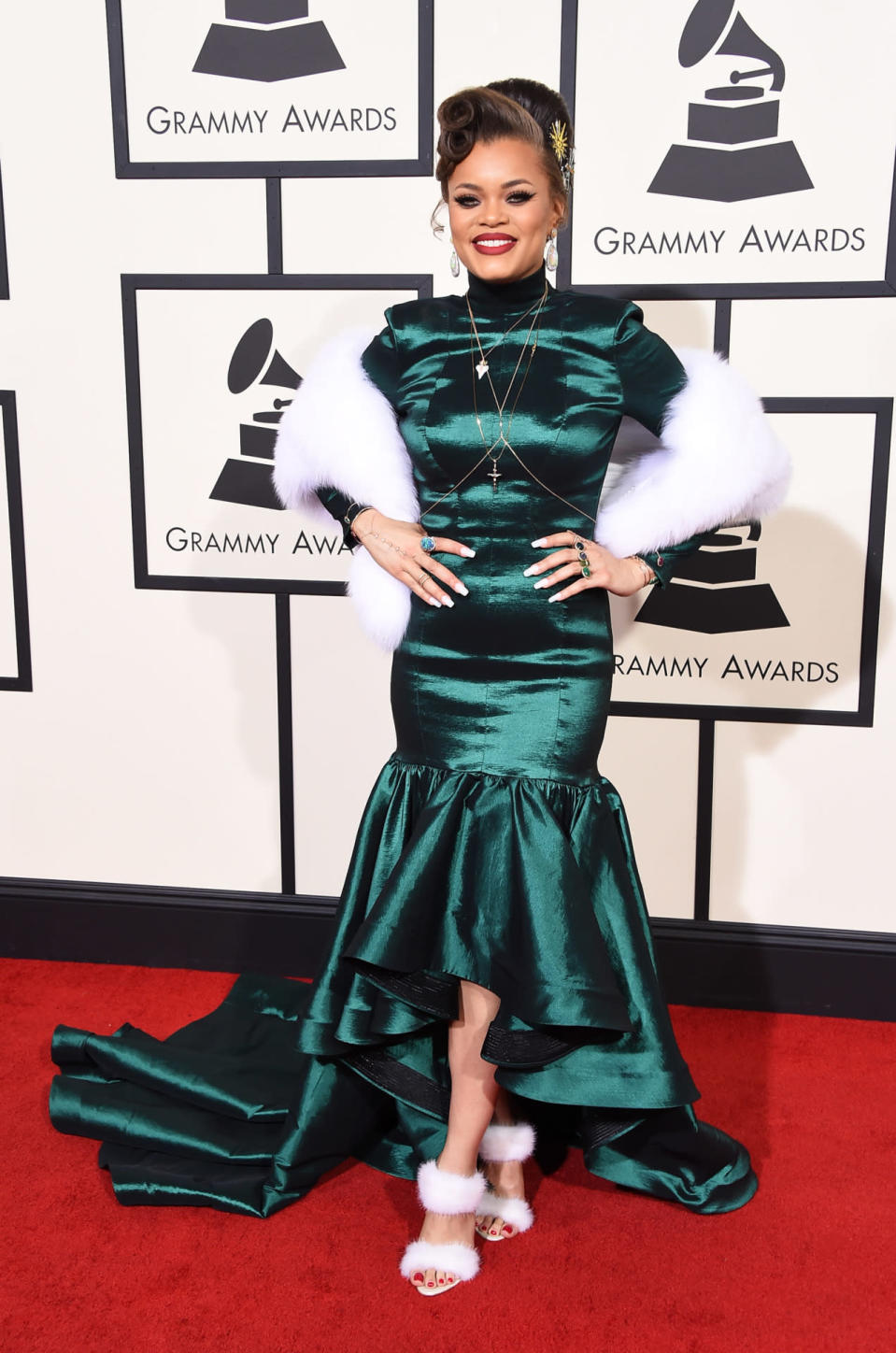 Outrageous: Andra Day in an emerald green mullet dress with white furry heels at the 58th Grammy Awards at Staples Center in Los Angeles, California, on February 15, 2016.  