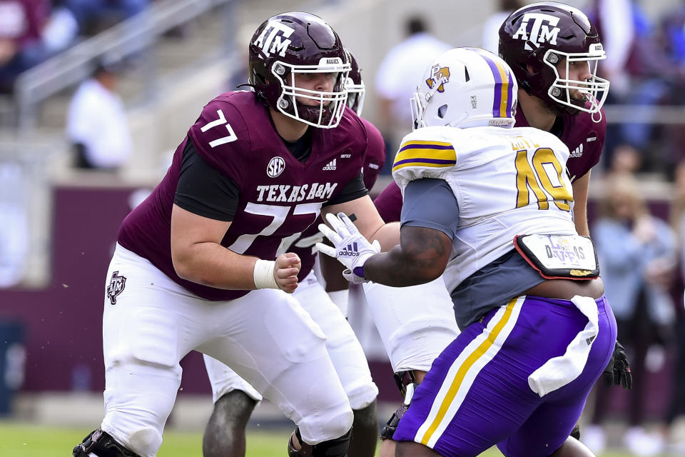 Nov 20, 2021; College Station, Texas; Texas A&M Aggies offensive lineman Matthew Wykoff (77) during the third quarter against the Prairie View Am Panthers at Kyle Field. Maria Lysaker-USA TODAY Sports