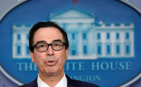 Treasuy Secretary Mnuchin gives a briefing on cryptocurrency at the White House in Washington