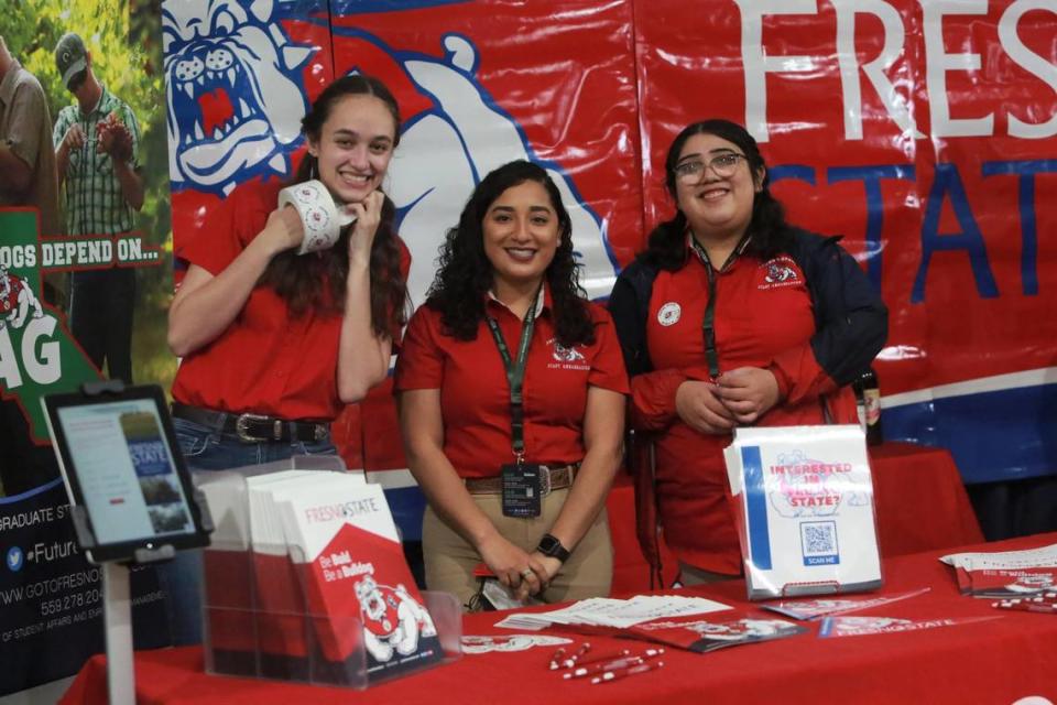 Fresno State students Ocean Laidlay, Sonia Pérez and Artemisa De la Cruz, spent their Tuesday morning at the info booth for the Jordan College of Agricultural Sciences and Technology in the Ag Career and Education tent at the World Ag Expo providing education about the many options in the agricultural field.  