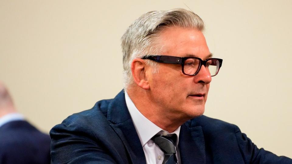 PHOTO: Alec Baldwin sits in court during his trial in Santa Fe, July 11, 2024. Baldwin is facing a charge of involuntary manslaughter in the death of a cinematographer on the set of the film 'Rust'.  (Ramsay De Give/AP)