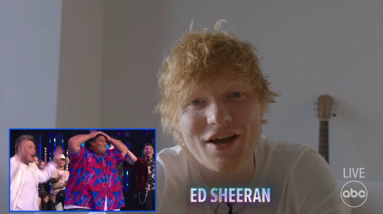 The 'American Idol' top 10 contestants react to the new that Ed Sheeran will be May 7's guest judge. (Photo: ABC)