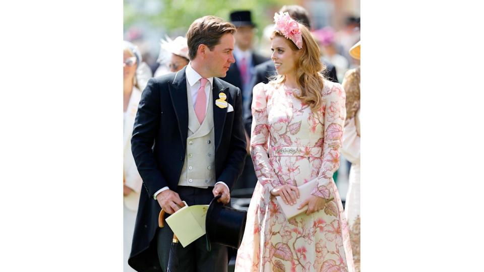 Edoardo Mapelli Mozzi in a suit and Princess Beatrice in a pink floral dres