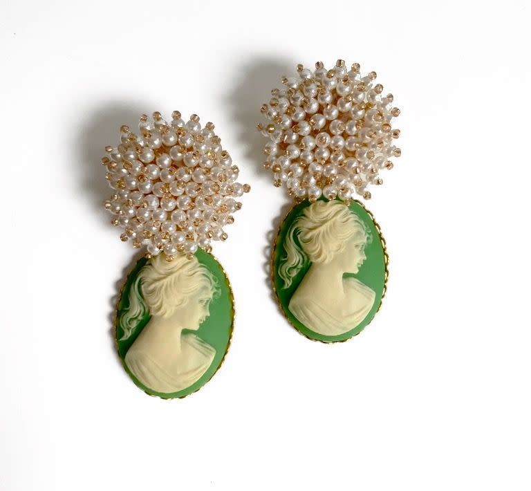Pearl Cluster + Green Cameo Earrings