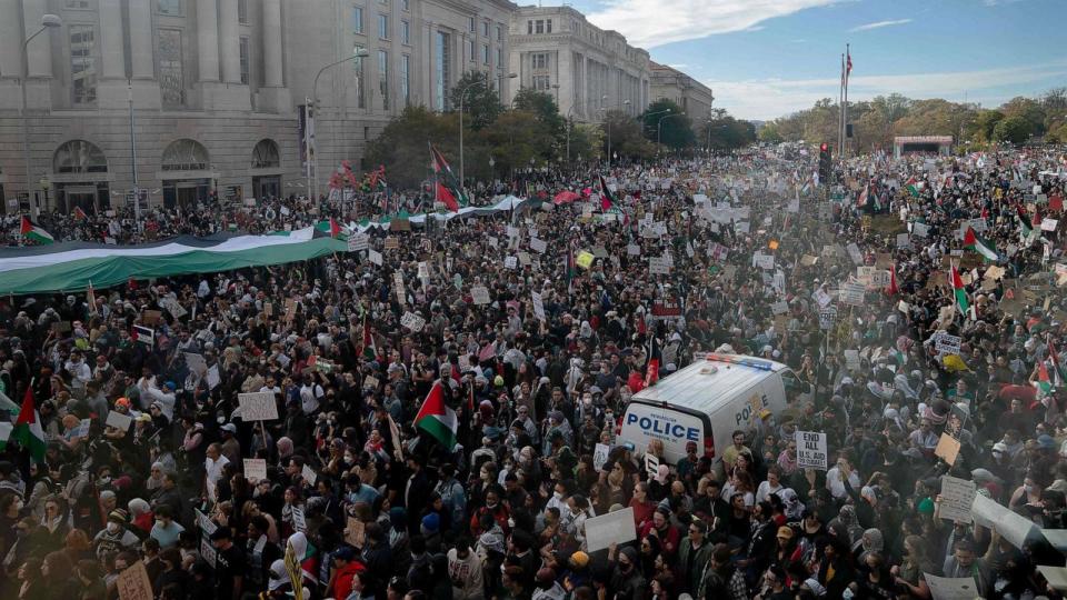 PHOTO: Demonstrators gather in Freedom Plaza during a rally in support of Palestinians in Washington, D.C., on Nov. 4, 2023. (Stefani Reynolds/AFP via Getty Images)