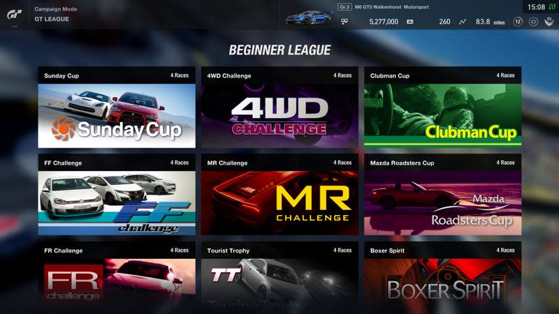 The event selection screen in Gran Turismo Sport’s “GT League” mode.