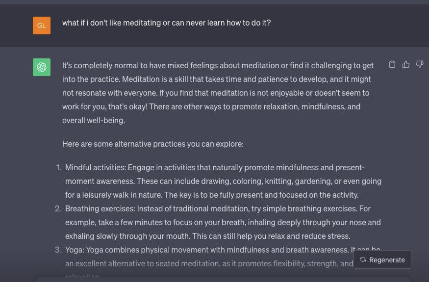 a screenshot from a conversation with ChatGPT in which I discuss my fear of never learning to meditate