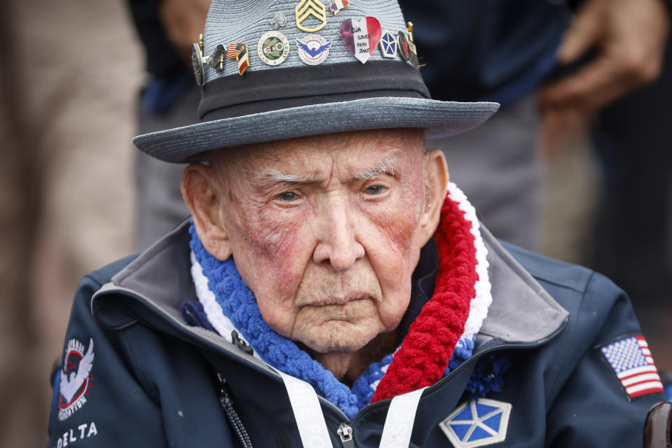 World War II veterans Jake Larson attends a ceremony to mark the 79th anniversary of the assault that led to the liberation of France and Western Europe from Nazi control, at the American Cemetery in Colleville-sur-Mer, Normandy, France, Tuesday, June 6, 2023. The American Cemetery is home to the graves of 9,386 United States soldiers. Most of them lost their lives in the D-Day landings and ensuing operations. (AP Photo/Thomas Padilla)