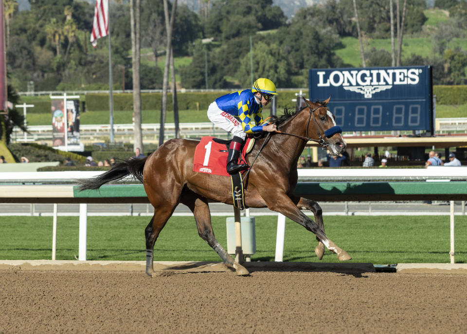 In a photo provided by Benoit Photo, Authentic and jockey Drayden Van Dyke win the Grade III, $100,000 Sham Stakes, Saturday, Jan. 4, 2020, at Santa Anita Park, Arcadia, Calif. (Benoit Photo via AP)