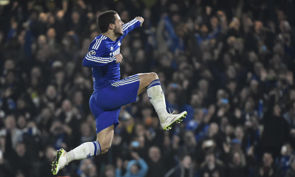 Football - Chelsea v Paris St Germain - UEFA Champions League Second Round Second Leg - Stamford Bridge, London, England - 11/3/15 Eden Hazard celebrates after scoring the second goal for Chelsea from the penalty spot Reuters / Toby Melville Livepic EDITORIAL USE ONLY.