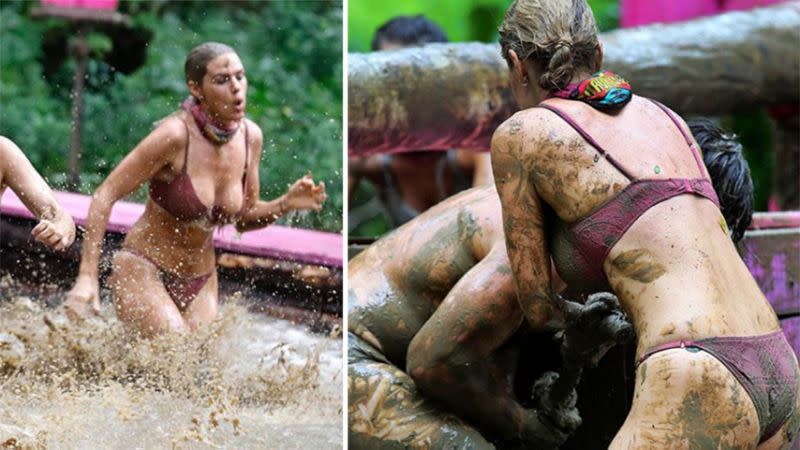 Sam Schoers caused a flurry of comments online after she wore a skimpy bikini to take part in a mud challenge. Photo: Channel 10