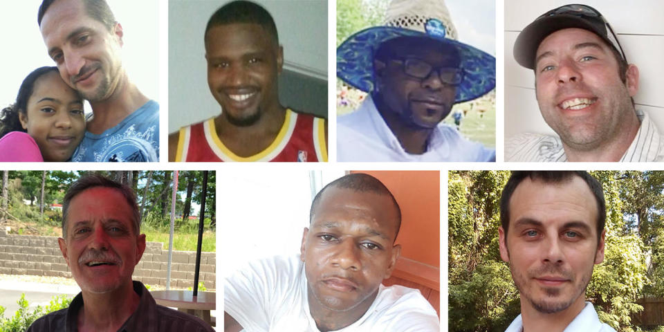 Clockwise from top left, David Shane Kelly, Micheal Akeem Williams, Marrio Moore, Jonathan David Hankins, James Aaron Moran, Dexter Wade and Mark Nelson Bushnell.