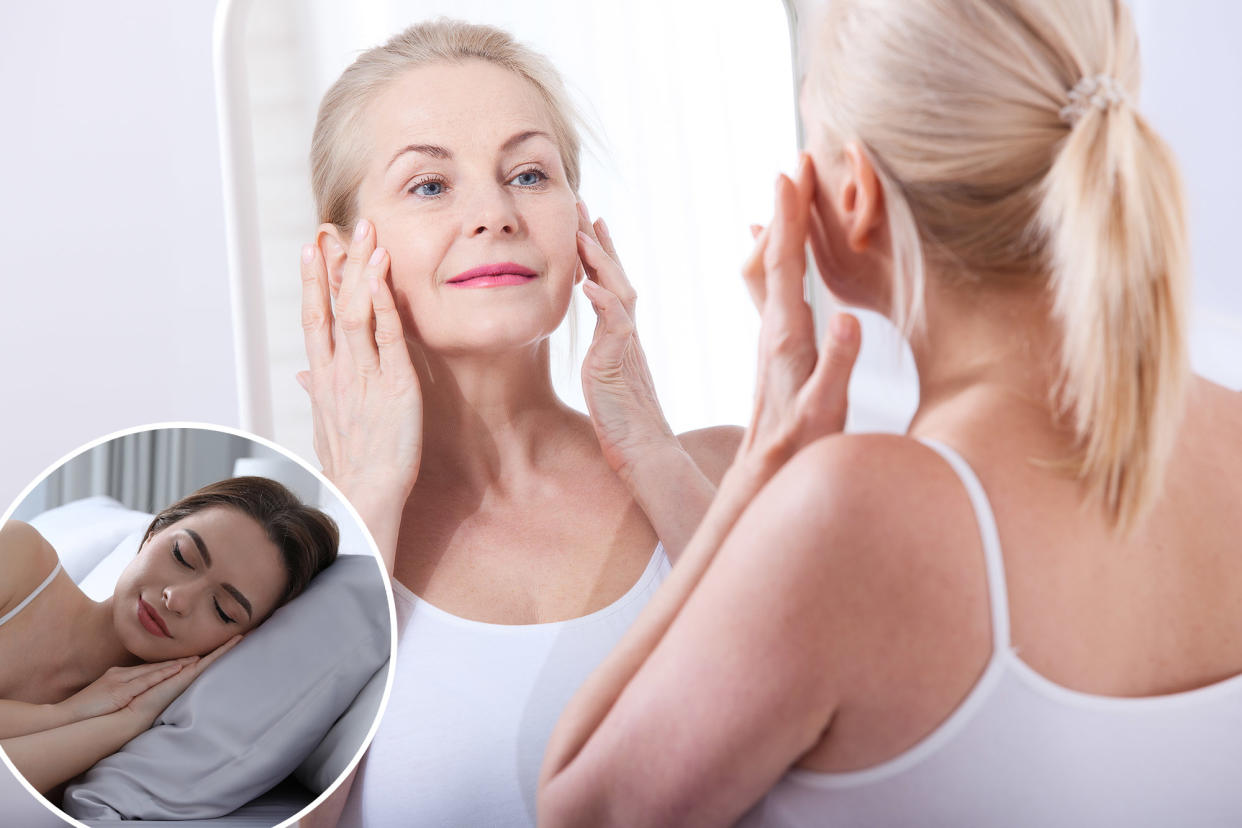 Forty years old woman looking at wrinkles in mirror. Plastic surgery and collagen injections. Makeup. Macro face. Selective focus on the face. Realistic images with their own imperfections.