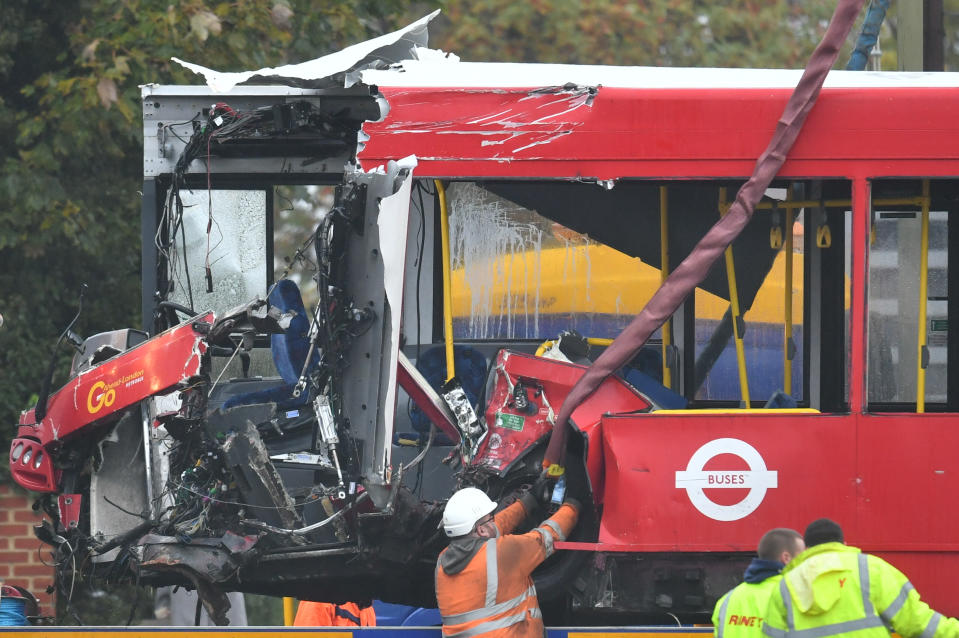 A man has been arrested on suspicion of causing death by dangerous driving after a crash in Orpington involving two buses left one of the drivers dead and 15 others injured (Picture: SWNS)