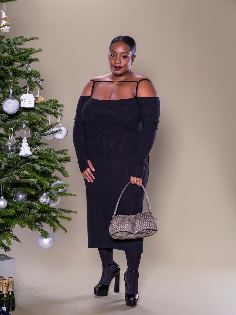 Eniola Dare wears Jacquemus dress, Tom Ford platforms, 16Arlington Kikka bag (Daniel Hambury/Stella Pictures L)