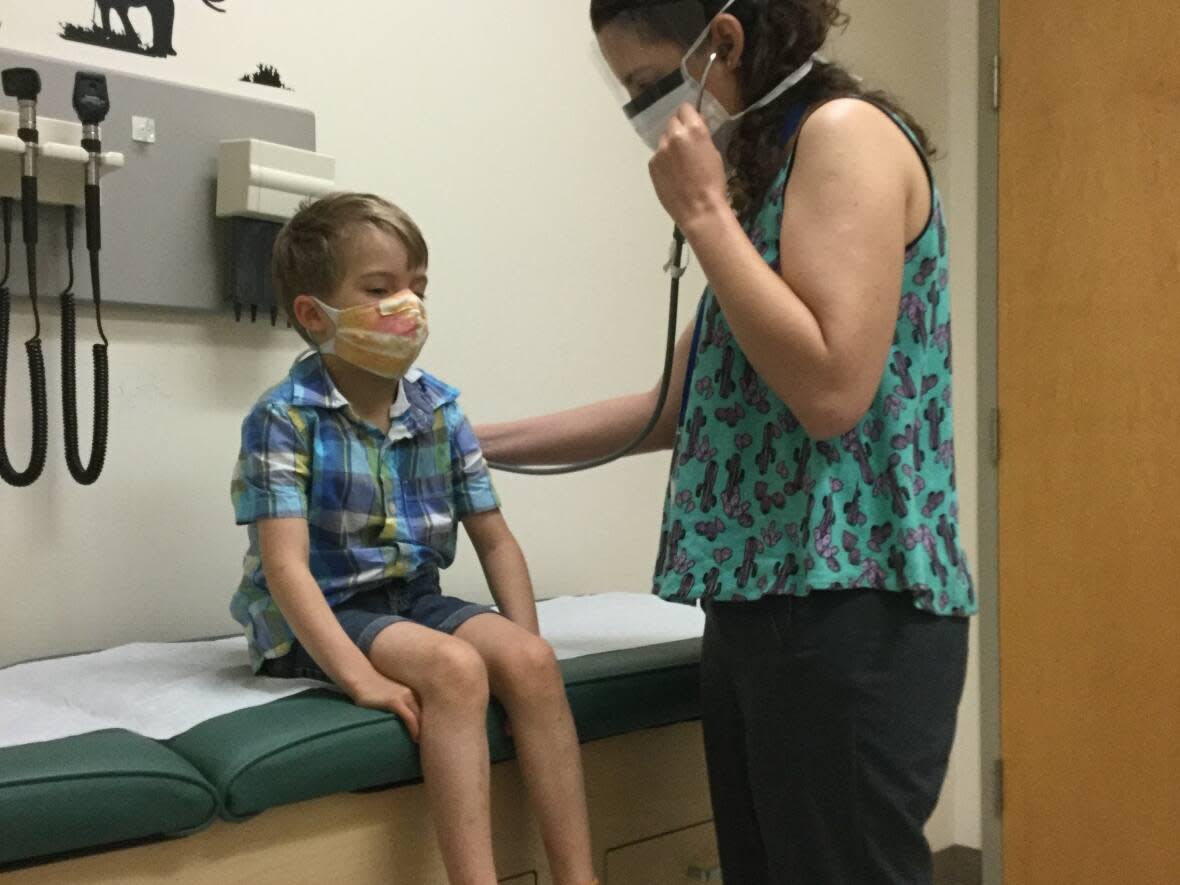 Teakren Cargill on his most recent trip to B.C. Children's Hospital for a check up with allergy specialists. He and his mother have to travel from Prince Rupert twice a year for the appointments.  (Coral Cargill - image credit)