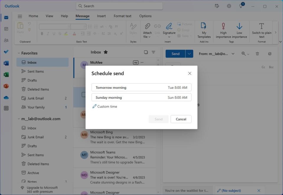 New Outlook schedule email