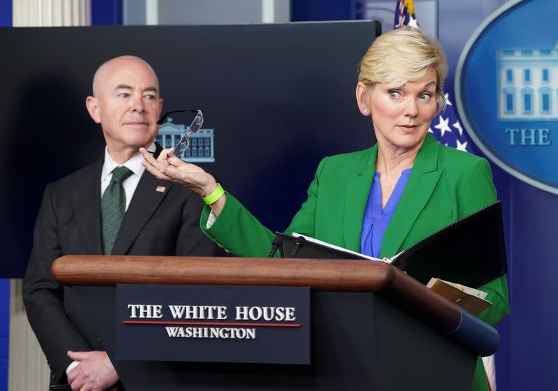 Energy Secretary Granholm and Mayorkas hold a press briefing at the White House in Washington
