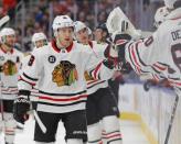 Feb 5, 2019; Edmonton, Alberta, CAN; Chicago Blackhawks forward Patrick Kane (88) celebrates a third period goal against the Edmonton Oilers at Rogers Place. Mandatory Credit: Perry Nelson-USA TODAY Sports