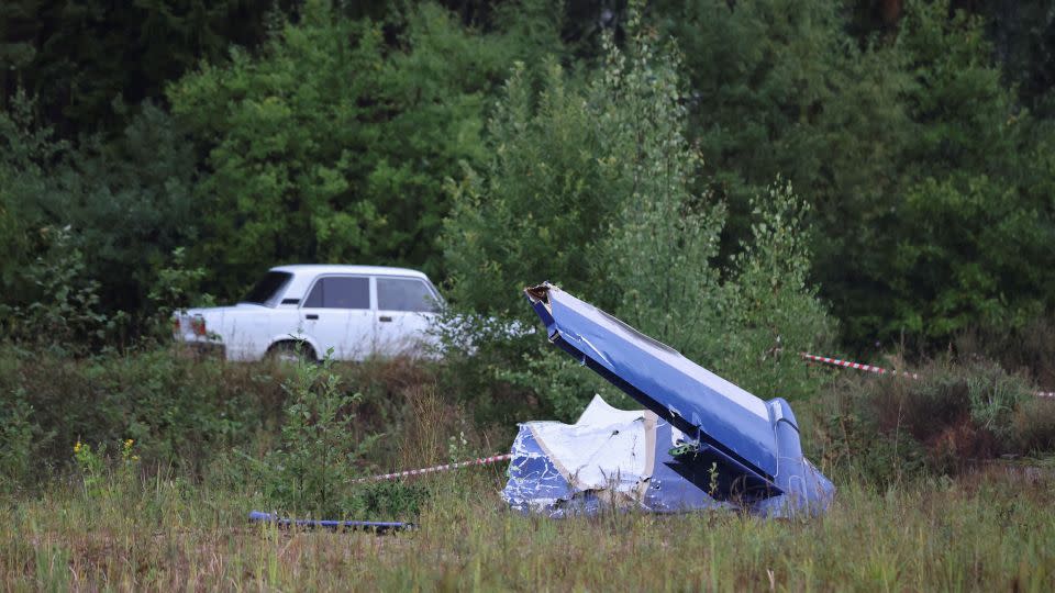 A wreckage of the private jet is seen near the crash site in the Tver region, Russia, August 24, 2023. - Stringer/Reuters