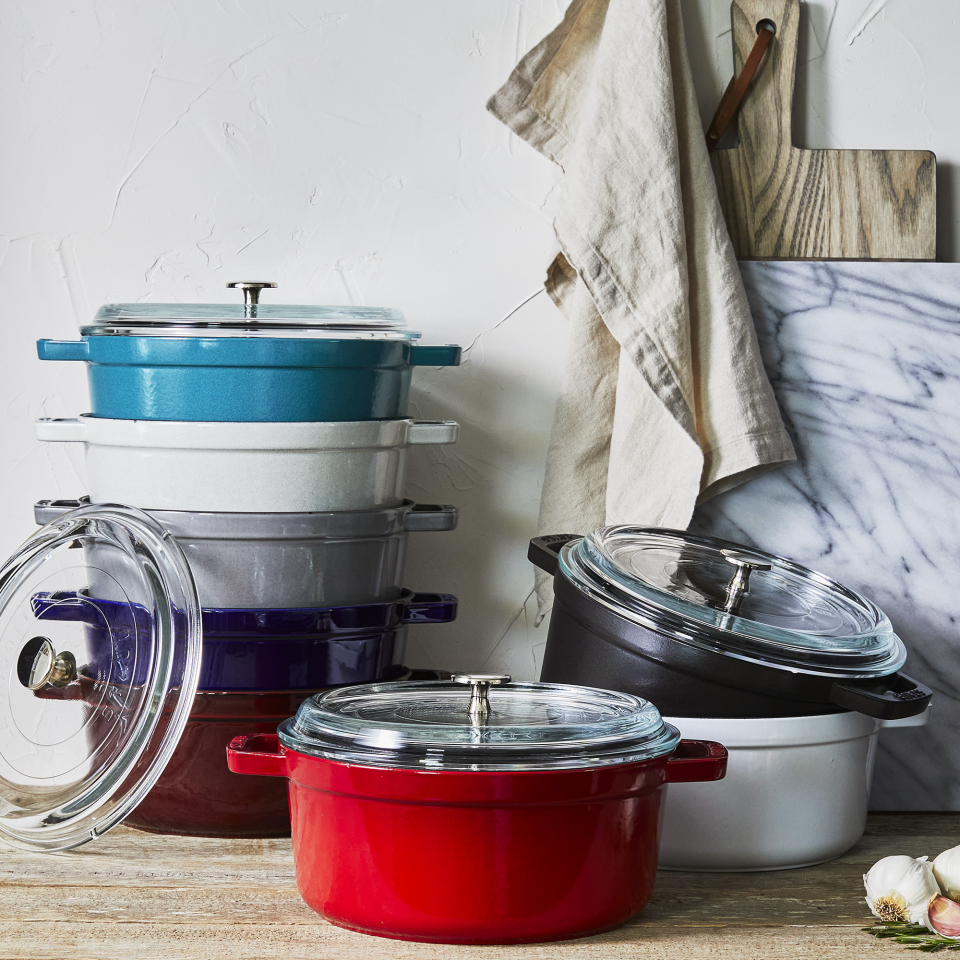 These 4-quart Staub Enameled Cast Iron Cocottes with glass lids can be found at Goods for Cooks.
