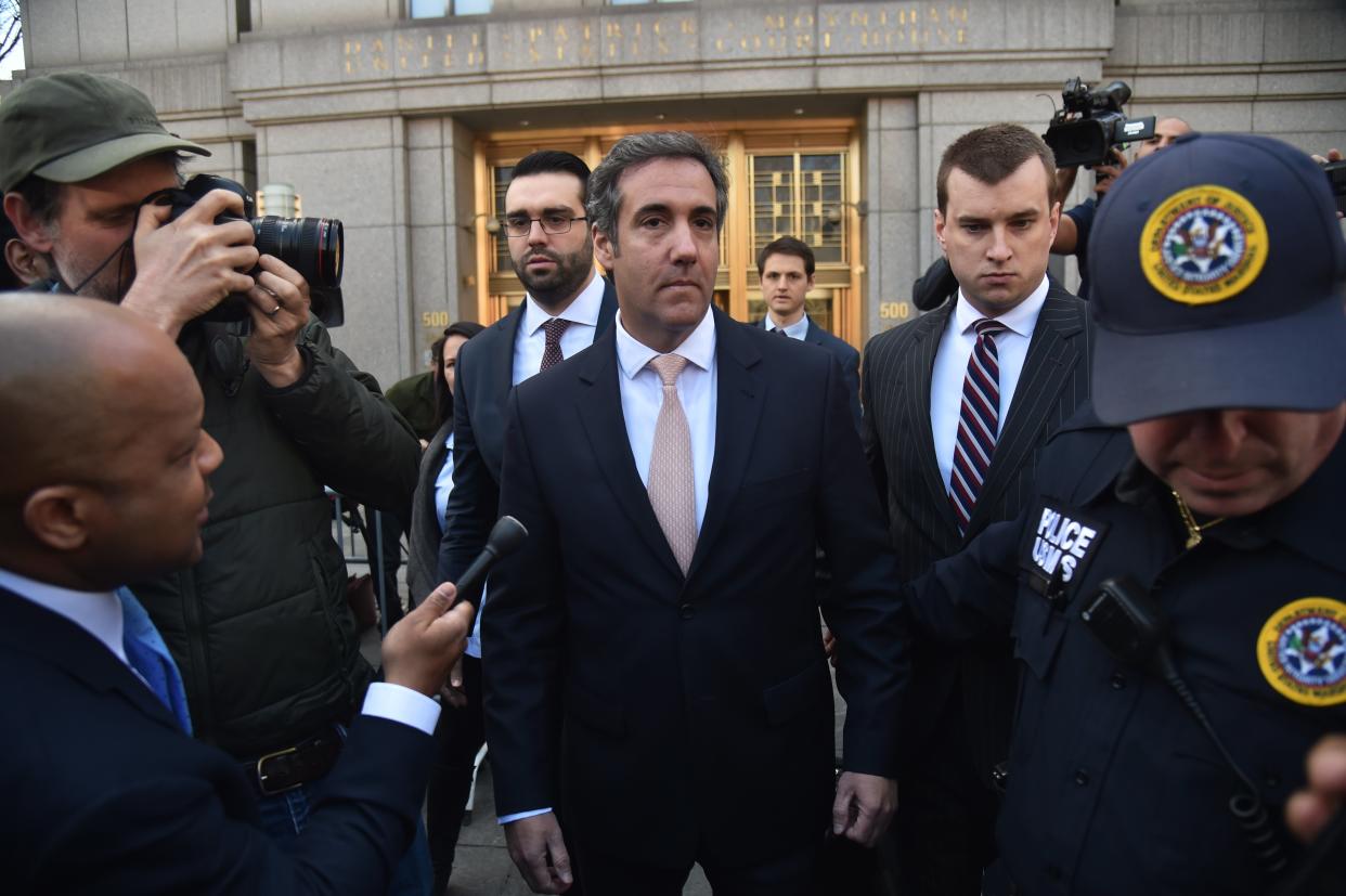 President Donald Trump's personal lawyer Michael Cohen leaves the federal courthouse in New York City on April 26. He set up a shell corporation that took in money from corporate clients and paid out money to a porn star. (Photo: HECTOR RETAMAL/AFP via Getty Images)