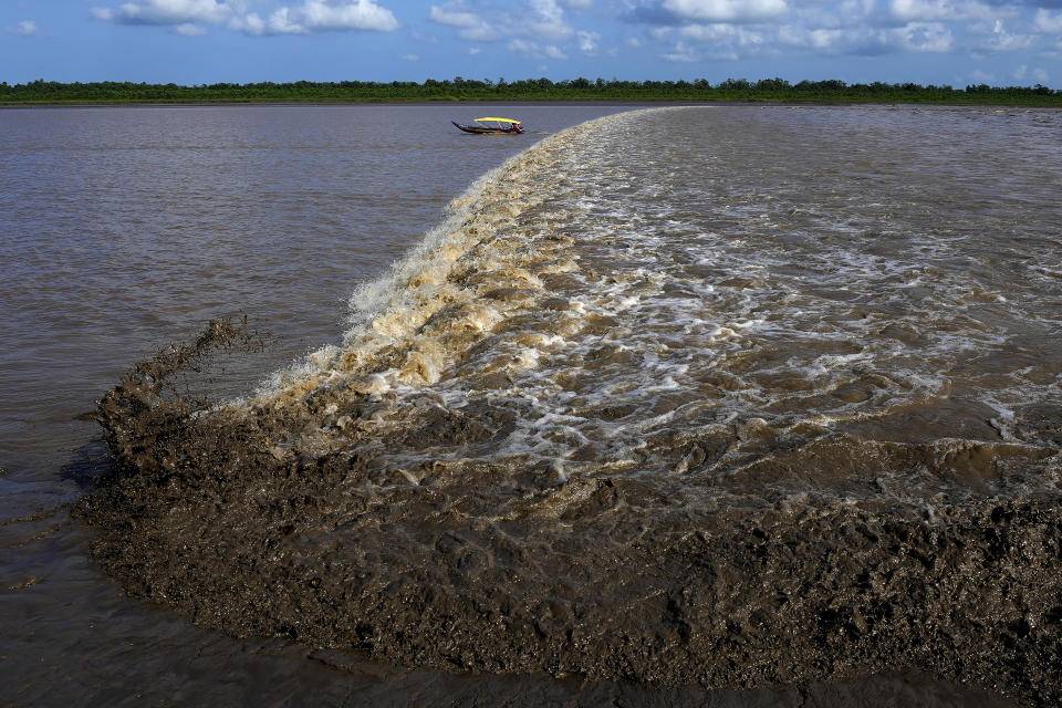 A boat sails in front of a wave caused by the advance of sea water on the river during the dry season in the Bailique Archipelago, district of Macapa, state of Amapa, northern Brazil, Monday, Sept. 12, 2022. During a full moon, the sea invades the river with such strength that, in some places, it turns into a single giant wave of up to 4 meters (13 feet), a phenomenon known as pororoca. (AP Photo/Eraldo Peres)