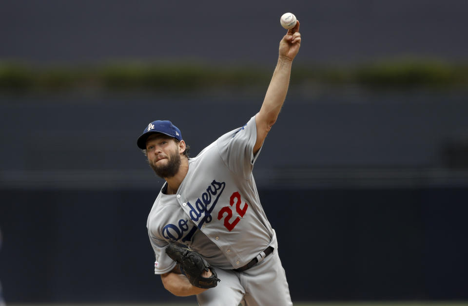 Los Angeles Dodgers starting pitcher Clayton Kershaw works against a San Diego Padres batter during the first inning of a baseball game Thursday, Sept. 26, 2019, in San Diego. (AP Photo/Gregory Bull)