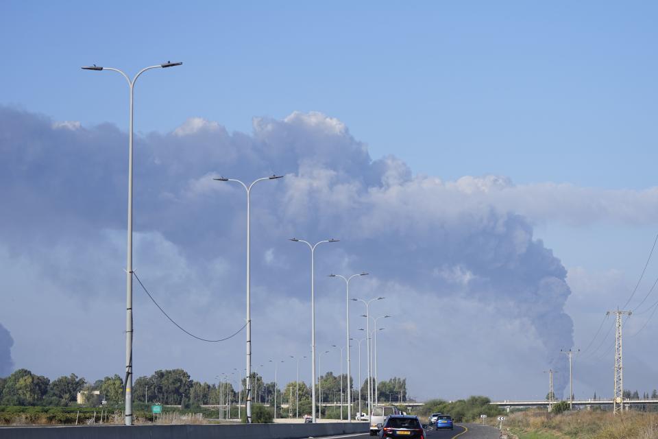 A column of smoke rises from the south of Israel on Saturday, Oct. 7, 2023. Palestinian militants in the Gaza Strip infiltrated Saturday into southern Israel and fired thousands of rockets into the country while Israel began striking targets in Gaza in response. 