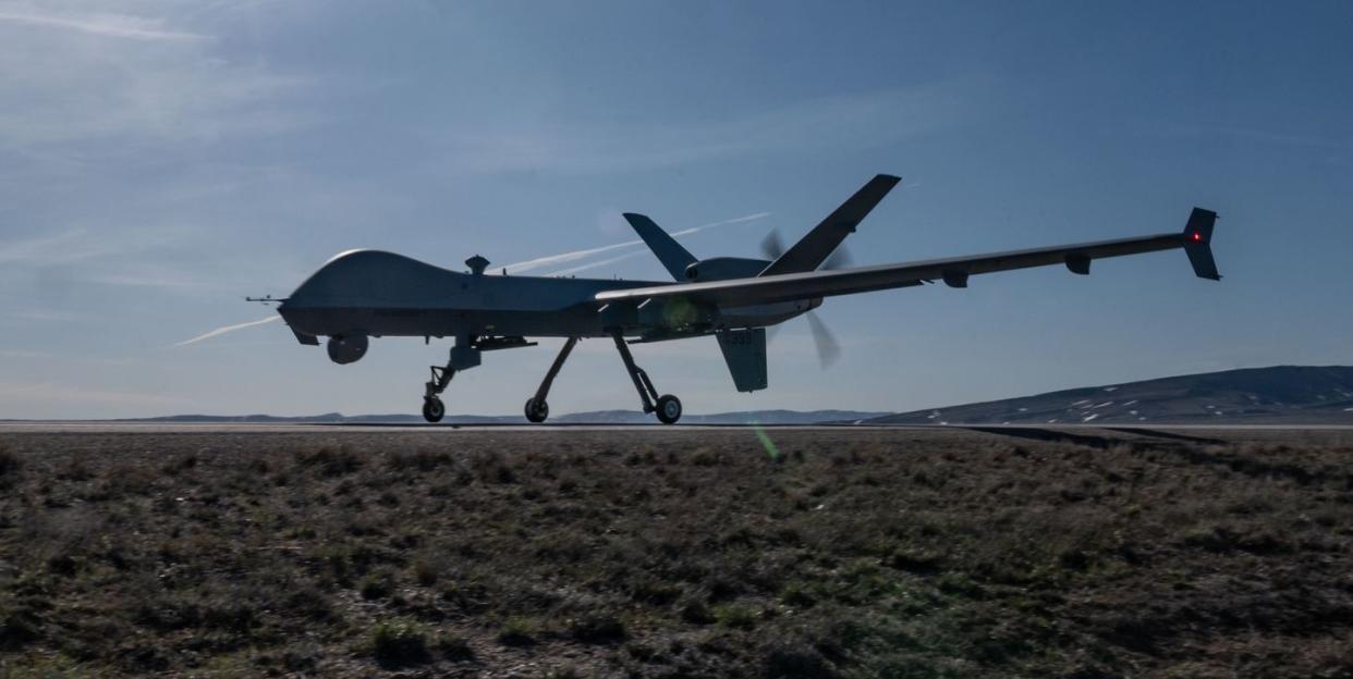 an mq 9 reaper prepares to take off of highway 287 during exercise agile chariot, april 30, 2023, honing capabilities linked to agile combat employment instead of relying on large, fixed bases and infrastructure, ace uses smaller, more dispersed locations and teams to rapidly move and support aircraft, pilots, and other personnel to wherever they are needed there are millions of miles of public roads in the united states, including federal, state, and local roads – with agile combat employment, including forward arming and refueling point farp and integrated combat turnarounds ict, it can become millions of miles of public runways, when necessary us air force photo by tech sgt carly kavish