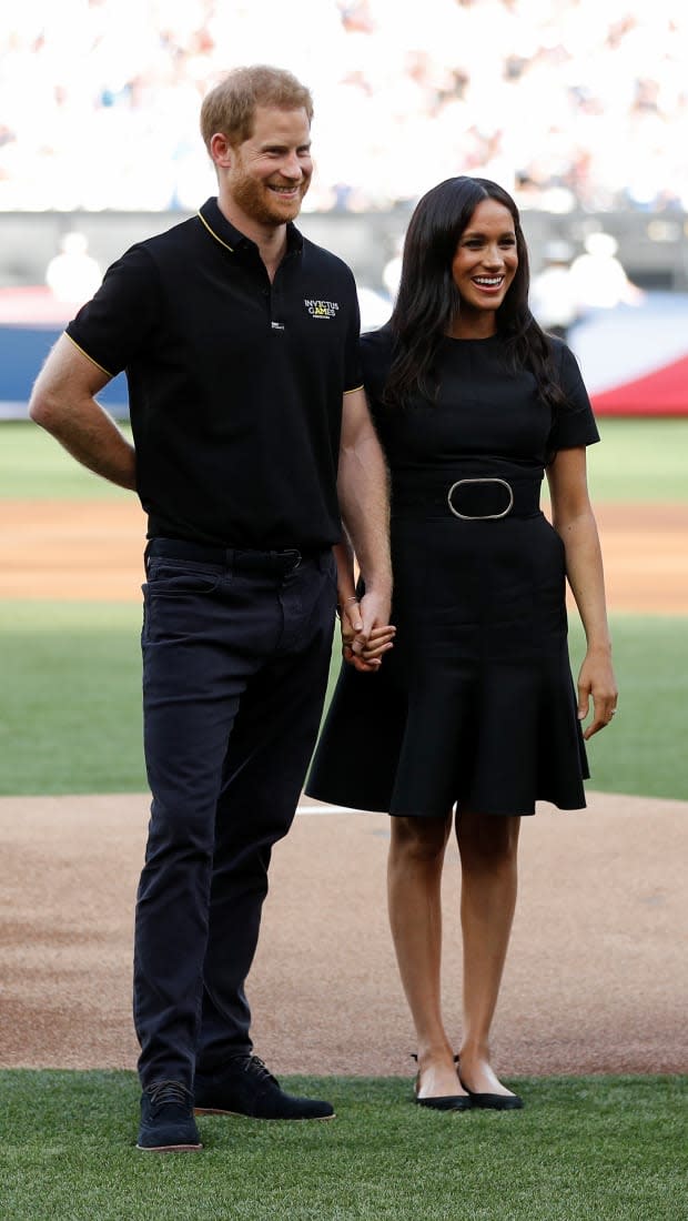 Prince Harry, Duke of Sussex and Meghan, Duchess of Sussex, in a Stella McCartney dress, attend the Boston Red Sox vs New York Yankees baseball game in London. Photo: Peter Nicholls - WPA Pool/Getty Images