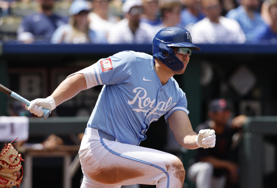 Kansas City Royals' Hunter Renfroe follows through on an RBI single during the fifth inning of a baseball game against the Cleveland Guardians in Kansas City, Mo., Sunday, June 30, 2024. (AP Photo/Colin E. Braley)