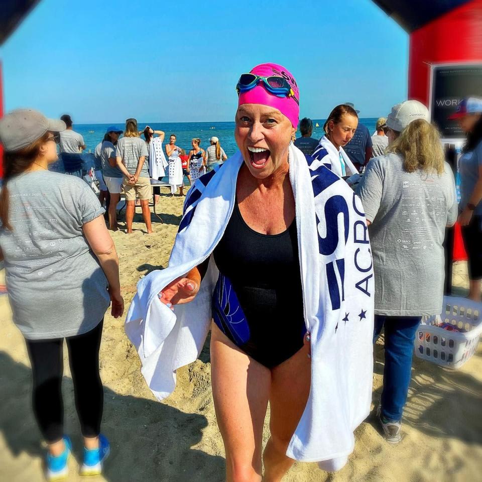 <p>After Vicki Bunke's 14-year-old daughter Grace, an avid swimmer, died of cancer, she decided to swim 14 open water events across the country to raise money for cancer research.</p> <p>"I was not a swimmer before this all happened," Bunke tells<a href="https://people.com/human-interest/mom-swims-across-america-to-honor-14-year-old-daughter-who-died-of-cancer/" rel="nofollow noopener" target="_blank" data-ylk="slk:PEOPLE (the TV Show!)" class="link rapid-noclick-resp"> <i>PEOPLE (the TV Show!)</i> </a>of her efforts to benefit Swim Across America. "I'm a little bit claustrophobic and I don't like putting my face in the water... I credit Grace for inspiring me and giving me the courage to do something that's really difficult..."</p>