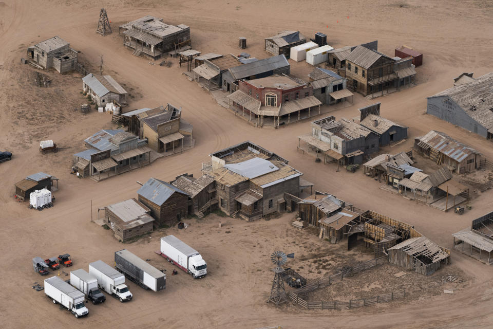 This aerial photo shows the Bonanza Creek Ranch in Santa Fe, N.M., Saturday, Oct. 23, 2021. Actor Alec Baldwin fired a prop gun on the set of a Western being filmed at the ranch on Thursday, Oct. 21, killing the cinematographer, officials said. (AP Photo/Jae C. Hong)