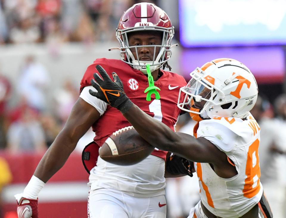 Alabama cornerback Kool-Aid McKinstry breaks up a pass.