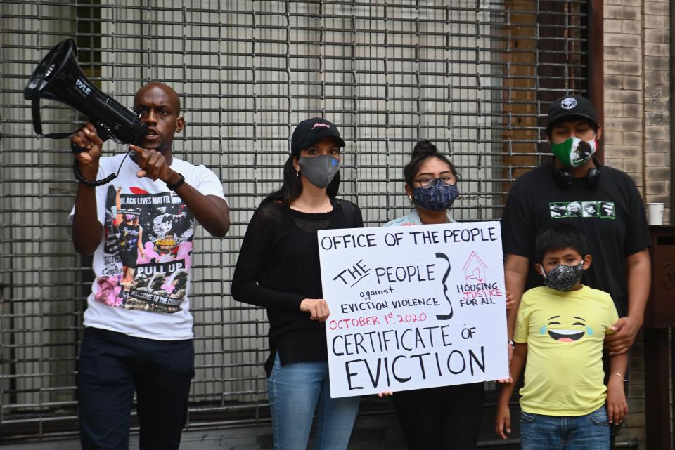 Jamell Henderson (L) speaks during a 'No Evictions, No Police' national day of action protest against law enforcement who forcibly remove people from homes on September 1, 2020 in New York City. - Activists and relief groups in the United States are scrambling to head off a monumental wave of evictions nationwide, as the coronavirus crisis leaves tens of millions at risk of homelessness. (Photo by Angela Weiss / AFP) (Photo by ANGELA WEISS/AFP via Getty Images)