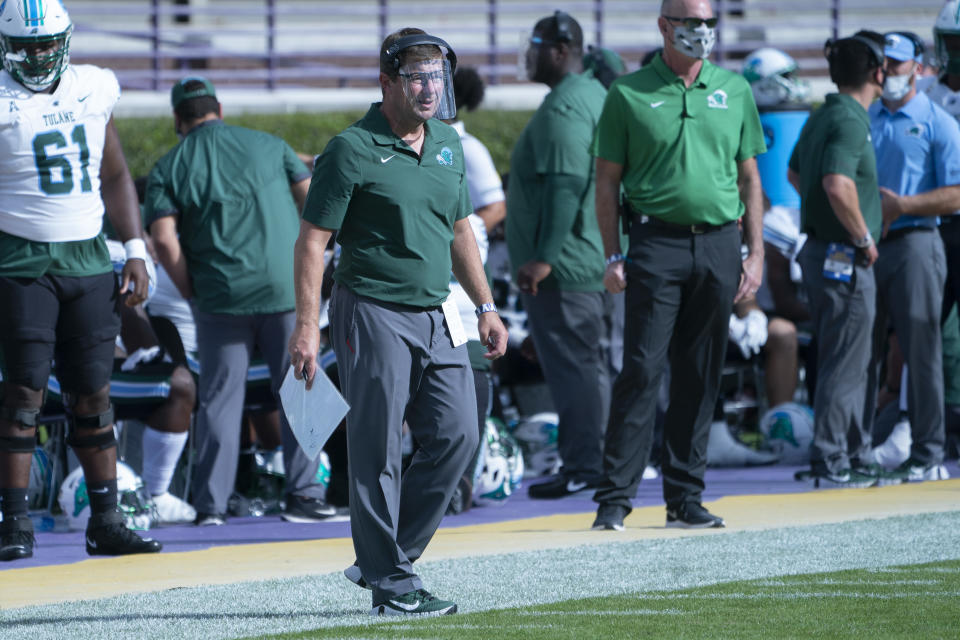 Tulane offensive coordinator Will Hall looks on from the sidelines during a game against East Carolina on Nov. 7. (Gregory Fisher/Icon Sportswire via Getty Images)