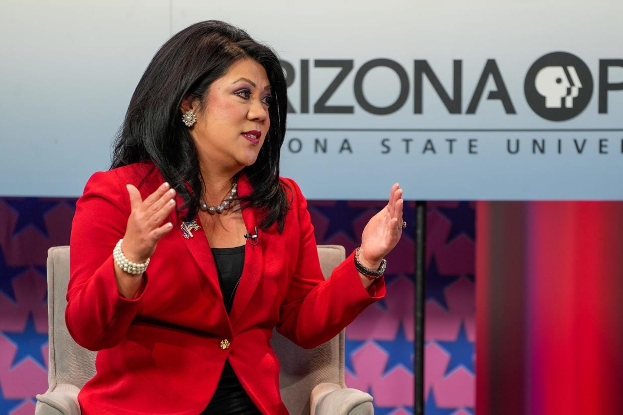 Incumbent Republican Arizona Treasurer Kimberly Lee speaks during the PBS Horizon Clean Election State Treasurer Debate in Phoenix on June 27, 2022.