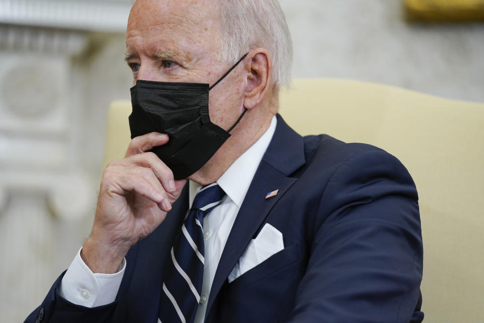 President Joe Biden listens as he meets with Israeli Prime Minister Naftali Bennett in the Oval Office of the White House, Friday, Aug. 27, 2021, in Washington. (AP Photo/Evan Vucci)