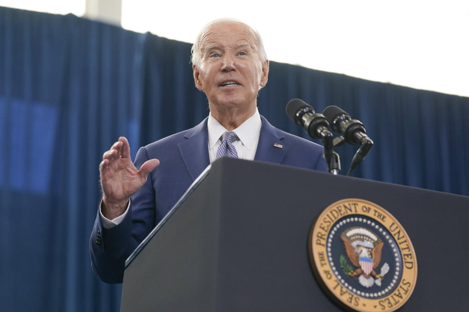 President Joe Biden speaks at the Abbots Creek Community Center in Raleigh, N.C., Thursday, Jan. 18, 2024. Biden is visiting North Carolina to highlight $82 million in new spending to connect 16,000 households and businesses to high-speed internet. Biden's reelection campaign is making winning North Carolina and its 16 electoral votes a top priority in this year's presidential election. (AP Photo/Manuel Balce Ceneta)